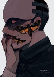 Rule 34 | 1boy, black hair, black shirt, death&#039;s head hawkmoth, finger in own mouth, from side, golden kamuy, grey background, highres, instagram username, long sleeves, male focus, mask, naruysae, scar, scar on face, shirt, short hair, simple background, solo, tsurumi tokushirou, tumblr username, twitter username