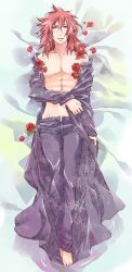 Rule 34 | 1boy, androgynous, barefoot, bed sheet, flower, kingdom hearts, looking at viewer, lying, male focus, marluxia, on back, open clothes, open jacket, parted lips, pink hair, red rose, rose, solo