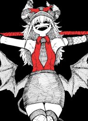 Rule 34 | 1girl, :d, androgynous, armpits, asymmetrical horns, bat wings, black background, black skirt, black wings, contrapposto, demon girl, demon horns, demon tail, evil smile, fishnet thighhighs, fishnets, hat, highres, holding, holding staff, holding weapon, horns, ink (medium), limited palette, long hair, necktie, open mouth, pencil skirt, pointy ears, police hat, red shirt, sharp teeth, shirt, simple background, skirt, smile, spot color, staff, tail, teeth, thighhighs, traditional media, vampire, weapon, wings, yakunitatsu node chi o kudasai, zyugoya