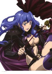 Rule 34 | 1girl, absurdres, blue eyes, blue hair, blue nails, breasts, cape, cleavage, fingernails, garter straps, highres, large breasts, lipstick, long fingernails, macross, macross frontier, macross frontier: itsuwari no utahime, makeup, matching hair/eyes, nail art, nail polish, sheryl nome, solo, thighhighs
