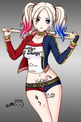 Rule 34 | 1girl, baseball bat, batman (series), belt, blue eyes, body writing, bracelet, breasts, choker, colored tips, dc comics, dccu, gradient background, gun, harley quinn, highres, holster, jacket, jewelry, lipstick, makeup, multicolored hair, nail polish, ppshex, red lips, short shorts, shorts, shoulder holster, smile, solo, spiked bracelet, spikes, studded belt, suicide squad, tattoo, twintails, weapon