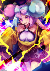 Rule 34 | 1girl, absurdres, blue hair, breasts, character hair ornament, collarbone, commentary request, creatures (company), electricity, game freak, hair ornament, highres, iono (pokemon), jacket, long hair, looking at viewer, nintendo, open mouth, pokemon, pokemon sv, purple eyes, purple hair, sharp teeth, shirt, single leg pantyhose, skyxperish, sleeveless, sleeveless shirt, sleeves past fingers, sleeves past wrists, smile, solo, teeth, yellow jacket