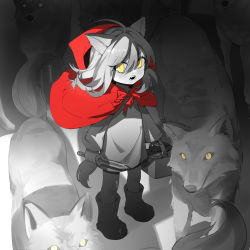 Rule 34 | 1girl, absurdres, ahoge, animal ears, arknights, boots, cape, child, commentary, english commentary, greyscale, hair between eyes, highres, holding, holding knife, hood, hooded cape, kiscript, knife, long hair, long sleeves, looking at viewer, mixed-language commentary, monochrome, open mouth, pantyhose, projekt red (arknights), red cape, shirt, solo, spot color, tail, teeth, wolf, wolf ears, wolf girl, wolf tail, yellow eyes, aged down