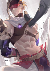Rule 34 | 2boys, abs, absurdres, aether (genshin impact), arm guards, armor, arms behind back, bare shoulders, belt, black footwear, blindfold, blonde hair, boots, bound, bound arms, braid, brown belt, brown headband, brown shirt, clenched teeth, commentary request, covered eyes, cropped shirt, earrings, eremite daythunder (genshin impact), genshin impact, gold trim, headband, highres, jewelry, lying, male focus, multiple boys, navel, on back, pants, parted lips, pectorals, pelvic curtain, pos po, red blindfold, scarf, shirt, short hair, shoulder armor, single braid, sleeveless, sleeveless shirt, solo focus, standing, stomach, sweat, teeth, turtleneck, white pants, white scarf