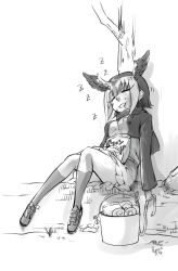 Rule 34 | 1girl, atlantic puffin (kemono friends), bird girl, bow, bucket, chiki yuuko, commentary request, closed eyes, feathered wings, food, footwear bow, greyscale, head wings, hood, hoodie, kemono friends, monochrome, sitting, skirt, sleeping, smile, solo, tree, wings, zzz