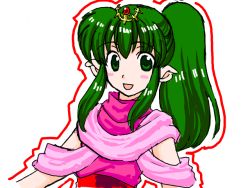 Rule 34 | 1girl, 74, blush, blush stickers, fire emblem, fire emblem: mystery of the emblem, fire emblem: shadow dragon, flat chest, green eyes, green hair, jewelry, long hair, matching hair/eyes, nintendo, open mouth, pointy ears, ponytail, solo, tiki (fire emblem)