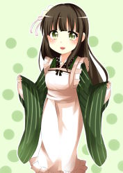 Rule 34 | 1girl, absurdres, ama usa an uniform, apron, black hair, blunt bangs, blush, breasts, commentary request, cowboy shot, flower, gochuumon wa usagi desu ka?, green background, green eyes, green kimono, hair flower, hair ornament, highres, japanese clothes, kimono, long hair, looking at viewer, maid apron, omochi (rimulovemiku), open mouth, outline, pink ribbon, polka dot, polka dot background, polka dot trim, ribbon, sleeves past wrists, small breasts, smile, solo, standing, striped clothes, striped kimono, ujimatsu chiya, white apron, white flower, white outline, wide sleeves