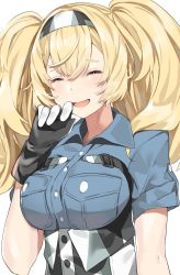 Rule 34 | 1girl, :d, aogisa, bad id, bad twitter id, blonde hair, blue shirt, blush, breast pocket, breasts, closed eyes, collared shirt, gambier bay (kancolle), gloves, hair between eyes, hairband, hand up, highres, kantai collection, large breasts, long hair, multiple girls, open mouth, pocket, shirt, short sleeves, simple background, smile, solo, twintails