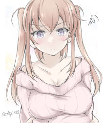 Rule 34 | 1girl, blonde hair, breasts, commentary request, gakky, graf zeppelin (kancolle), kantai collection, large breasts, long hair, looking at viewer, off-shoulder sweater, off shoulder, one-hour drawing challenge, sidelocks, simple background, solo, sweater, tsurime, upper body, white background, white sweater