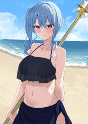 Rule 34 | 1girl, :o, bare shoulders, beach, bikini, blue bikini, blue eyes, blue hair, blush, breasts, hair between eyes, haro art, highres, holding, holding pole, hololive, hoshimachi suisei, long hair, looking at viewer, medium breasts, navel, ocean, open mouth, pole, polearm, side ponytail, solo, swimsuit, virtual youtuber, water, weapon