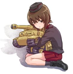 Rule 34 | 10s, 1girl, ankle boots, black footwear, black hat, black jacket, black socks, boots, brown eyes, brown hair, closed mouth, commentary request, from side, garrison cap, girls und panzer, hat, holding, holding stuffed toy, jacket, kuromorimine military uniform, light frown, long sleeves, looking at viewer, military, military hat, military uniform, military vehicle, miniskirt, monolith (suibou souko), motor vehicle, nishizumi maho, pleated skirt, red shirt, red skirt, shadow, shirt, short hair, sitting, skirt, socks, solo, stuffed toy, tank, tiger i, uniform, wariza, white background