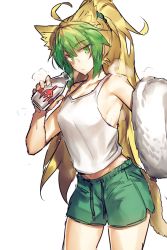 Rule 34 | 1girl, ahoge, animal ears, armpit peek, atalanta (fate), bare arms, bare shoulders, blonde hair, bottle, breasts, cat ears, cowboy shot, dolphin shorts, fate/apocrypha, fate/grand order, fate (series), green eyes, green hair, green shorts, gym shorts, hair between eyes, highres, leonidas (fate), long hair, looking at viewer, medium breasts, melon22, milk, milk bottle, multicolored hair, ponytail, scrunchie, shirt, short shorts, shorts, simple background, sleeveless, sleeveless shirt, solo, standing, sweat, tail, towel, two-tone hair, very long hair, white background, white shirt
