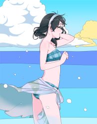 Rule 34 | 1girl, between legs, bikini, black hair, braid, breasts, bubble, cloud, floral print, from side, glasses, hairband, kantai collection, long hair, ojipon, ooyodo (kancolle), open mouth, plaid, sarong, simple background, small breasts, smile, solo, swimsuit, water