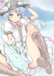 Rule 34 | 1girl, blue eyes, blue hair, blue sky, blush, boots, chikado, cloud, colored eyelashes, convenient censoring, cross-laced footwear, day, dress, flat color, food, fruit, hat, hinanawi tenshi, lace-up boots, long hair, looking at viewer, matching hair/eyes, peach, puffy sleeves, ribbon, short sleeves, sitting, sky, smile, solo, spread legs, touhou