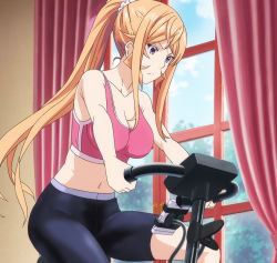 Rule 34 | 1girl, artist request, bike shorts, breasts, cleavage, crop top, curtains, exercise bike, highres, indoors, instant loss, large breasts, long hair, midriff, nakiri erina, navel, orange hair, ponytail, shokugeki no souma, sports bra, sportswear, stitched, stomach, third-party edit, window