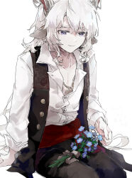 Rule 34 | 1boy, animal ears, arknights, black pants, black vest, blue flower, bouquet, closed mouth, collarbone, collared shirt, commentary request, dress shirt, flower, forget-me-not (flower), hair between eyes, horns, kreide (arknights), lanxbluple, long hair, looking down, male focus, open clothes, open vest, pants, purple eyes, shirt, simple background, sitting, smile, solo, very long hair, vest, white background, white hair, white shirt
