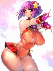Rule 34 | 1girl, alternate breast size, asamiya athena, breasts, covered erect nipples, covered navel, curvy, fingerless gloves, foreshortening, fumio (rsqkr), gloves, hair ornament, highres, idol, large breasts, legs, leotard, looking to the side, navel, orange leotard, purple hair, red gloves, red skirt, short hair, skirt, snk, star (symbol), star hair ornament, the king of fighters, thick thighs, thighs, wrist cuffs
