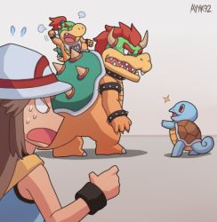 Rule 34 | 1girl, angry, ayyk92, bowser, bowser jr., brown hair, claws, creatures (company), father and son, game freak, gen 1 pokemon, hat, horns, leaf (pokemon), long hair, mario (series), multiple boys, nintendo, open mouth, pokemon, pokemon (creature), red eyes, red hair, signature, sitting, sitting on person, squirtle, super smash bros., sweat, trait connection
