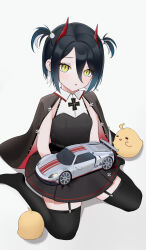 Rule 34 | 1girl, absurdres, aged down, azur lane, black cape, black dress, black hair, blush, cape, collared dress, commentary request, cross, dress, full body, garter straps, hair bobbles, hair ornament, highres, holding, holding toy, horns, iron cross, kneeling, looking at viewer, manjuu (azur lane), medium hair, multicolored hair, open mouth, parted lips, partial commentary, pleated dress, short hair, sleeveless, sleeveless dress, slit pupils, solo, staring, thighhighs, toy, toy car, two-tone hair, ulrich von hutten (azur lane), white hair, wo meiyou mao, yellow eyes