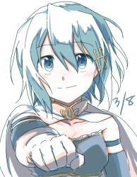 Rule 34 | 1girl, blue eyes, blue hair, cape, dated, detached sleeves, fortissimo, gloves, hair ornament, highres, light smile, looking at viewer, mahou shoujo madoka magica, mahou shoujo madoka magica (anime), miki sayaka, musical note, musical note hair ornament, randoruto-kan, short hair, simple background, solo, upper body, white background, white gloves