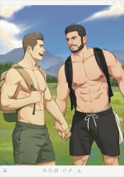 Rule 34 | 2boys, abs, backpack, bag, bara, beard, black hair, black shorts, commission, couple, facial hair, feet out of frame, grass, green shorts, holding hands, interlocked fingers, koji (wildlhz), large pectorals, male focus, mature male, multiple boys, muscular, muscular male, navel, navel hair, nipples, original, outdoors, pectorals, short hair, shorts, sideburns, smile, stomach, topless male, yaoi