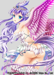 Rule 34 | 1girl, ass, back, bad id, bad pixiv id, bird legs, bird wings, breasts, butt crack, copyright name, crown, fantasy, feather hair, feathered wings, feathers, grey background, hair between eyes, hakuda tofu, harpy, highres, long hair, looking back, monster girl, no panties, official art, shinkai no valkyrie, simple background, solo, very long hair, winged arms, wings