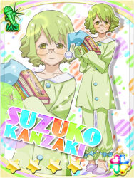 1girl akb0048 book card_(medium) character_name closed_mouth ebata_risa full_body glasses green_eyes green_hair green_pajamas heart holding holding_book kanzaki_suzuko long_sleeves looking_at_viewer non-web_source official_art pajamas pink_slippers round_eyewear short_hair smile solo sparkle standing star_(symbol) zoom_layer