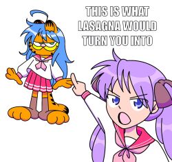 1girl :3 blue_eyes commentary english_text garfield garfield_(character) green_eyes highres hiiragi_kagami izumi_konata long_hair long_sleeves lucky_star meme neckerchief open_mouth penkangaroo pink_neckerchief pleated_skirt purple_hair ryouou_school_uniform sailor_collar school_uniform shirt simple_background skirt toeless_socks twintails white_background white_shirt