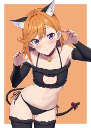 Rule 34 | 1girl, animal ear fluff, animal ears, bare shoulders, bell, black panties, black thighhighs, blush, border, breasts, cat bra, cat cutout, cat ears, cat lingerie, cat tail, choker, claw pose, closed mouth, clothing cutout, commentary request, frills, hands up, highres, jingle bell, long hair, love live!, love live! superstar!!, meme attire, navel, neck bell, orange hair, panties, paw pose, purple eyes, red choker, red nails, shibuya kanon, small breasts, solo, stomach, tail, thighhighs, underwear, white border, yutou (u too p)