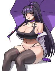 Rule 34 | 1girl, absurdres, bare shoulders, black sports bra, blunt bangs, blush, bright pupils, chest tattoo, choker, collarbone, commission, covered erect nipples, donburi (donburikazoku), gloves, grey thighhighs, hair ornament, hair ribbon, hand up, high ponytail, highleg, highres, holding, holding umbrella, invisible chair, jacket, long hair, long sleeves, looking at viewer, mole, mole under eye, navel, nose blush, open mouth, purple choker, purple gloves, purple ribbon, red eyes, ribbon, sitting, solo, sports bra, star (symbol), star hair ornament, tatakau ataisuru, tattoo, teeth, thick thighs, thighhighs, thighs, umbrella, upper teeth only, very long hair, white jacket, white pupils, yamaguchi ryouko