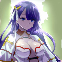 Rule 34 | 1girl, aoba (smartbeat), backlighting, breasts, center opening, cleavage, closed mouth, earrings, fate/grand order, fate (series), hair ribbon, jewelry, long hair, looking at viewer, martha (fate), medium breasts, revealing clothes, ribbon, shiny skin, short sleeves, smile, solo, straight hair, upper body, white ribbon