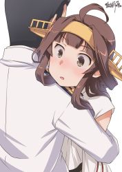Rule 34 | 1boy, 1girl, admiral (kancolle), ahoge, black hair, blush, brown eyes, brown hair, commentary request, detached sleeves, headgear, highres, hug, kantai collection, kongou (kancolle), long hair, military, military uniform, nontraditional miko, osamada meika, parted lips, simple background, uniform, upper body, white background