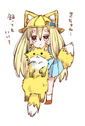 Rule 34 | 1girl, animal, animal ear fluff, animal ears, blonde hair, blue dress, blue eyes, blush, brown footwear, chibi, closed mouth, commentary request, dress, ears through headwear, fox, fox ears, fox girl, fox tail, full body, hair between eyes, hat, highres, holding, holding animal, long hair, long sleeves, looking at viewer, mito (go!go!king!), original, pleated dress, school hat, shoes, short eyebrows, simple background, socks, solo, tail, thick eyebrows, translated, very long hair, white background, white socks