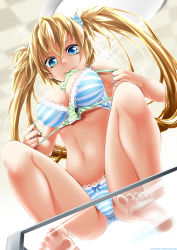 Rule 34 | 1girl, against glass, barefoot, blonde hair, bra, breasts, feet, feet against glass, from below, highres, kitano tomotoshi, large breasts, legs, lingerie, lips, mouth hold, original, panties, soles, solo, striped bra, striped clothes, striped panties, toes, twintails, underwear, underwear only