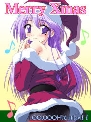 Rule 34 | 00s, 1boy, blush, christmas, crossdressing, from behind, happiness!, hat, milestone celebration, long hair, looking back, male focus, musical note, off shoulder, pantyhose, pointing, purple eyes, purple hair, quaver, santa costume, smile, solo, trap, watarase jun