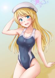 1girl anti_(untea9) blonde_hair blue_background blue_eyes blue_one-piece_swimsuit breasts cowboy_shot gradient_background hat highres jervis_(kancolle) kantai_collection long_hair looking_at_viewer medium_breasts one-piece_swimsuit open_mouth solo swimsuit two-tone_swimsuit yellow_background