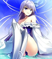 Rule 34 | 1girl, armor, ass, bare shoulders, blue background, blue choker, blue eyes, blue one-piece swimsuit, blue ribbon, breasts, choker, collarbone, covered navel, crossed legs, fate/grand order, fate (series), frills, greaves, hair between eyes, hair ribbon, highleg, highleg swimsuit, huyukaaki, long hair, long sleeves, looking at viewer, meltryllis, meltryllis (fate), meltryllis (swimsuit lancer) (fate), meltryllis (swimsuit lancer) (second ascension) (fate), one-piece swimsuit, open mouth, puffy sleeves, purple hair, ribbon, sleeves past fingers, sleeves past wrists, small breasts, smile, swimsuit, thighs, very long hair, water, white ribbon