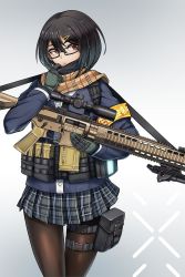 Rule 34 | 1girl, ar-10, armband, battle rifle, black-framed eyewear, black hair, black pantyhose, blue jacket, brown scarf, collar tug, commentary, cowboy shot, gloves, green gloves, grey background, grey skirt, gun, hair ornament, hairclip, harness, highres, holding, holding gun, holding weapon, jacket, long hair, long sleeves, looking at viewer, m110 sass, magazine (weapon), miniskirt, mole, pantyhose, plaid, plaid scarf, plaid skirt, pleated skirt, pouch, red eyes, rifle, scarf, skirt, sniper rifle, solo, solokov (okb-999), standing, tactical clothes, thigh strap, weapon