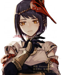 Rule 34 | 1girl, black gloves, black hair, bodysuit, breasts, closed mouth, dated, detached sleeves, genshin impact, gloves, halterneck, kujou sara, looking at viewer, mask, mask on head, medium breasts, ojo aa, sash, short hair, signature, simple background, solo, tabard, tassel, upper body, white background, yellow eyes