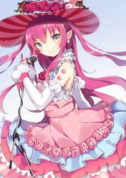 Rule 34 | &gt;:), 10s, 1girl, bare shoulders, blue background, blue eyes, blush, cable, commentary request, cowboy shot, detached sleeves, dress, earrings, elizabeth bathory (fate), elizabeth bathory (fate/extra ccc), elizabeth bathory (third ascension) (fate), fate/extra, fate/extra ccc, fate (series), flower, gradient background, hat, highres, holding, holding microphone, jewelry, layered dress, long hair, long sleeves, looking at viewer, looking to the side, microphone, microphone stand, pig, pink dress, pink flower, pink hair, pink rose, pointy ears, polka dot, polka dot dress, red flower, red rose, rose, shiino sera (gelatin), sleeveless, sleeveless dress, solo, squirrel, standing, striped clothes, striped dress, striped headwear, top hat, tsurime, v-shaped eyebrows, vertical-striped clothes, vertical-striped dress, vertical-striped headwear, very long hair, wrist cuffs
