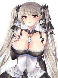 Rule 34 | 1girl, azur lane, bare shoulders, between breasts, black dress, blush, breasts, cleavage, dress, earrings, formidable (azur lane), frilled dress, frills, grey hair, hair ornament, hair ribbon, hand on own chest, highres, jewelry, large breasts, long hair, long sleeves, looking at viewer, nail polish, open mouth, red eyes, ribbon, solo, twintails, two-tone dress, xes (xes 5377)
