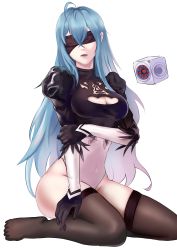 Rule 34 | 1girl, absurdres, ahoge, black gloves, black thighhighs, blue hair, breasts, cleavage, cleavage cutout, clothing cutout, cosplay, covered navel, facing viewer, gloves, highleg, highleg leotard, highres, kneeling, leotard, long hair, medium breasts, nier (series), nier:automata, open mouth, simple background, solo, straight hair, thighhighs, very long hair, vivy, vivy: fluorite eye&#039;s song, white background, white leotard, winson, 2b (nier:automata), 2b (nier:automata) (cosplay)
