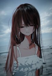 Rule 34 | 1girl, archived source, bare shoulders, beach, black eyes, black hair, dress, expressionless, highres, honjou ruri, honnryou hanaru, long hair, looking at viewer, narrowed eyes, original, outdoors, overcast, parted lips, sky, solo, sundress, upper body, water, white dress
