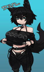 Rule 34 | 1girl, animal ears, bare shoulders, bionicle, black hair, black shirt, blue background, blue eyes, breasts, collar, ear piercing, english text, eyebrows visible through, goth fashion, highres, large breasts, lego, navel, open pants, pants, piercing, raine (zana), shirt, short hair, solo, tail, the lego group, thick eyebrows, thong, unamused, wolf ears, wolf girl, wolf tail, zanamaoria