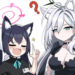Rule 34 | 2girls, :d, ahoge, animal ear fluff, animal ears, black choker, black dress, black gloves, black hair, blue archive, blue eyes, breasts, broken halo, cat ears, cat girl, choker, cleavage, closed eyes, commentary request, dress, gloves, grey hair, hair between eyes, halo, id card, index finger raised, large breasts, long hair, long sleeves, looking at another, medium breasts, multiple girls, o (rakkasei), official alternate costume, open mouth, serika (blue archive), shiroko (blue archive), shiroko terror (blue archive), short sleeves, sidelocks, simple background, small breasts, smile, twintails, waitress, white background, white headwear, wide sleeves, wolf ears, wolf girl