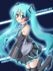 Rule 34 | 1girl, aqua hair, aqua necktie, arm behind back, black background, black thighhighs, blouse, boots, character name, collared shirt, copyright name, detached sleeves, frilled shirt, frills, glowing, grey shirt, hair between eyes, hatsune miku, headset, long hair, necktie, shirt, sleeveless, sleeveless shirt, solo, tattoo, thigh boots, thighhighs, twintails, very long hair, vocaloid, yoshiharu, zettai ryouiki