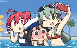 Rule 34 | 3girls, @ @, aqua hair, black eyes, black hair, blue eyes, blue one-piece swimsuit, blue sky, blush, bob cut, breasts, cellphone, cleavage, commentary request, cowboy shot, daitou (kancolle), dated, day, eyewear on head, flying sweatdrops, gradient sky, hair ornament, hair ribbon, hairclip, hamu koutarou, hat, high ponytail, highres, i-168 (kancolle), kantai collection, long hair, medium breasts, multiple girls, name tag, one-hour drawing challenge, one-piece swimsuit, one eye closed, open mouth, outdoors, palm tree, phone, pink hair, ponytail, red hair, ribbon, sailor hat, school swimsuit, selfie, short hair, sidelocks, sky, sunglasses, suzuya (kancolle), swimsuit, tree, triangle mouth, v, water, water slide, white headwear, x navel