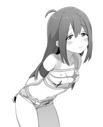 Rule 34 | 1girl, ahoge, armband, arms behind back, belt, blush, breasts, buttons, collarbone, commentary, cowboy shot, crop top, dot nose, greyscale, hair between eyes, half-closed eyes, highres, idolmaster, idolmaster million live!, idolmaster million live! theater days, leaning forward, long hair, looking at viewer, minazuki tooru, mochizuki anna, monochrome, navel, print shirt, shirt, short shorts, shorts, sidelocks, small breasts, smile, solo, star piece dreamer, stomach, symbol-only commentary, thighs, white background