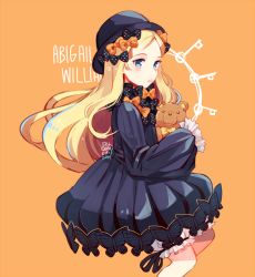 Rule 34 | 1girl, abigail williams (fate), black bow, black dress, black headwear, blush, bow, character name, coll (erichankun), commentary request, dress, fate/grand order, fate (series), long hair, looking at viewer, multiple bows, hugging object, orange background, orange bow, parted bangs, polka dot, polka dot bow, simple background, sleeves past fingers, sleeves past wrists, solo, stuffed animal, stuffed toy, teddy bear