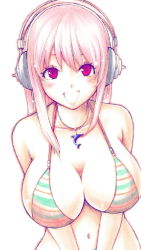 Rule 34 | 1girl, breasts, cleavage, dolphin, headphones, jewelry, large breasts, necklace, nitroplus, pink eyes, pink hair, super sonico